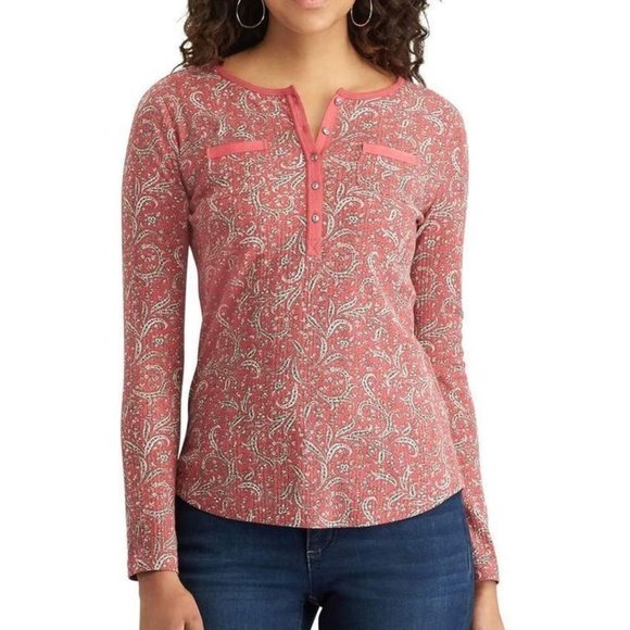 Chaps Tops - Women's Chaps Pocket Henley - Pink Paisley